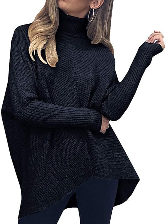 Caracilia Womens Turtleneck Long Sleeve Sweater Irregular Hem Casual Pullover Knit Tops | Amazon (US)