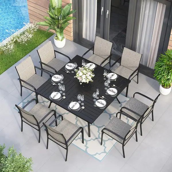 9-Piece Patio Dining Set, 60 Inch Square Metal Table and 8 Textilene Dining Chairs - Brown | Bed Bath & Beyond