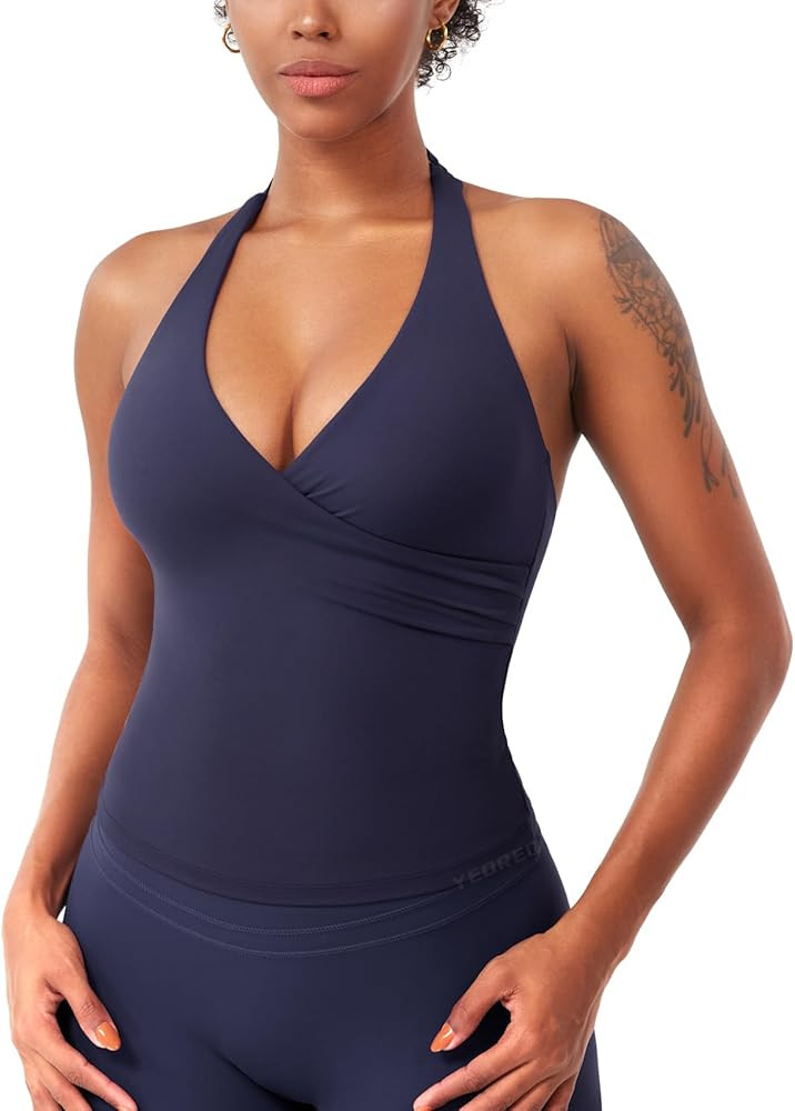 YEOREO Womens Halter Tank Tops Workout Impact Longline Strappy Top Padded Deep V Neck Wrap Gym Ba... | Amazon (US)
