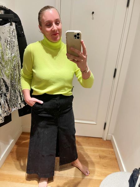 Holiday Outfit Look: neon green cashmere sweater + denim front slit maxi skirt. Loving this color this winter. Both pieces tts. 


#LTKparties #LTKHoliday #LTKstyletip