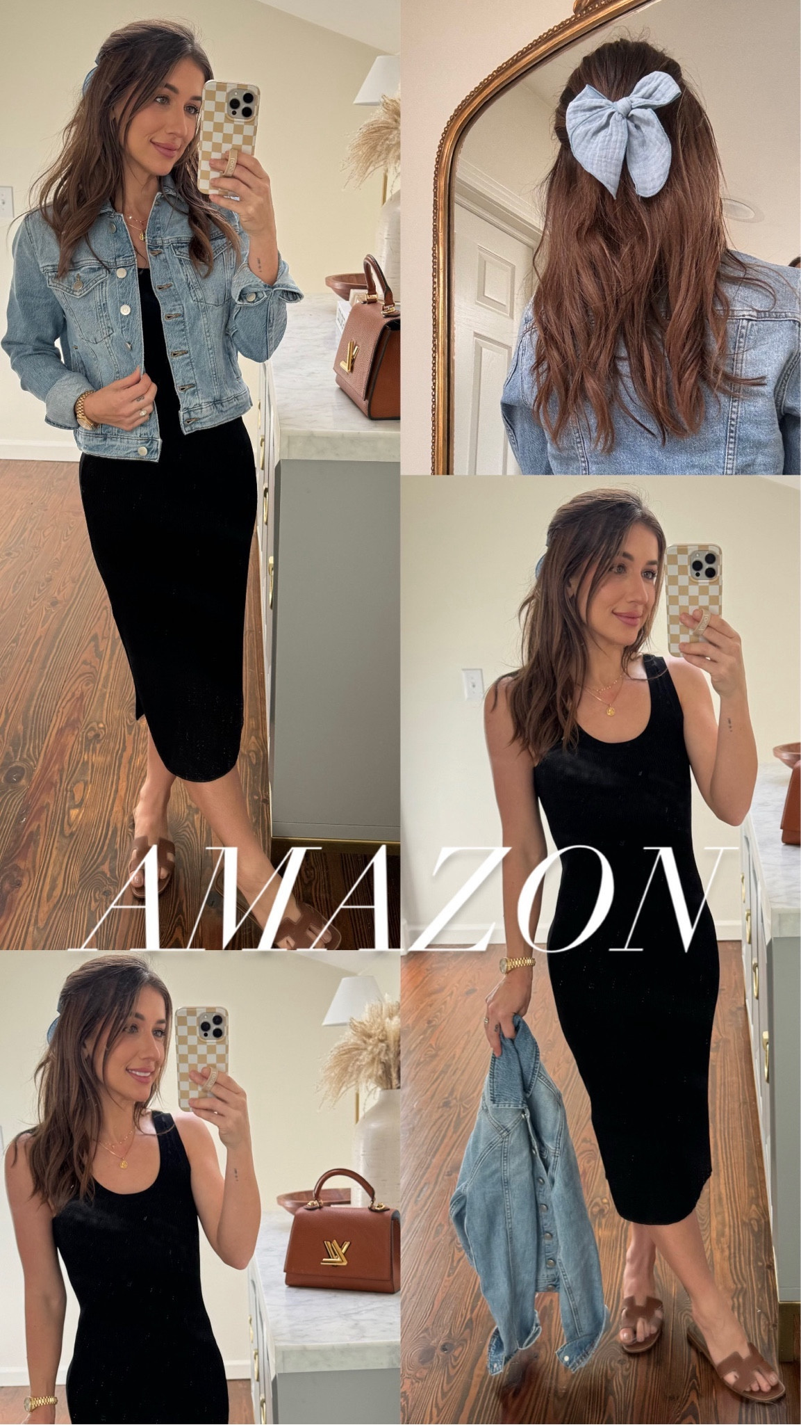 Amazon black midi dress size XS
Denim jacket size XS
Amazon hair bow clip
Hermes oran sandals (similar Amazon)
Louis Vuitton twist (similar Amazon)
Lip-shade 2 
Gloss Anastasia 