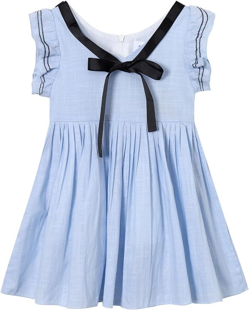 Mud Kingdom Toddler Little Girls Dress Flutter Sleeve Bow tie School Uniform Casual Summer | Amazon (US)