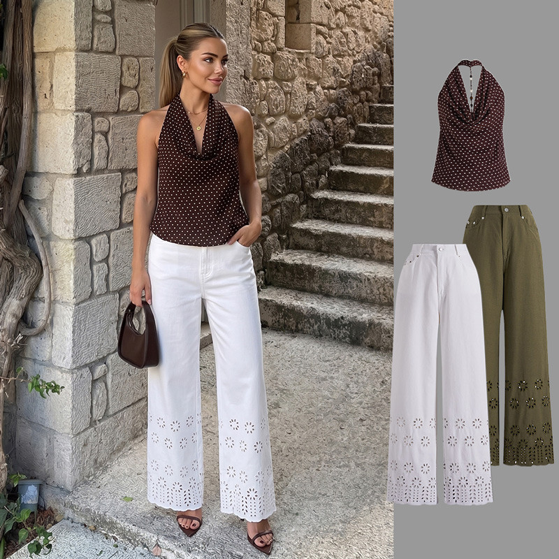 Embroidered Floral Eyelet Straight-Leg Jeans in Army Green for Gallery Visits & Office Days | Chicwish