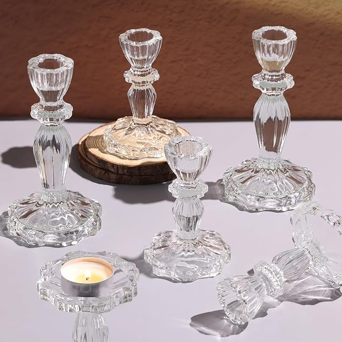 Simeitol Clear Candlestick Holders Set of 6, Taper Candle Holders, 4.3" H & 6.3" H Glass Candle H... | Amazon (US)