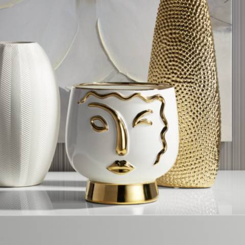 Modern Face Wink 8" High Gold and White Ceramic Vase | Lamps Plus