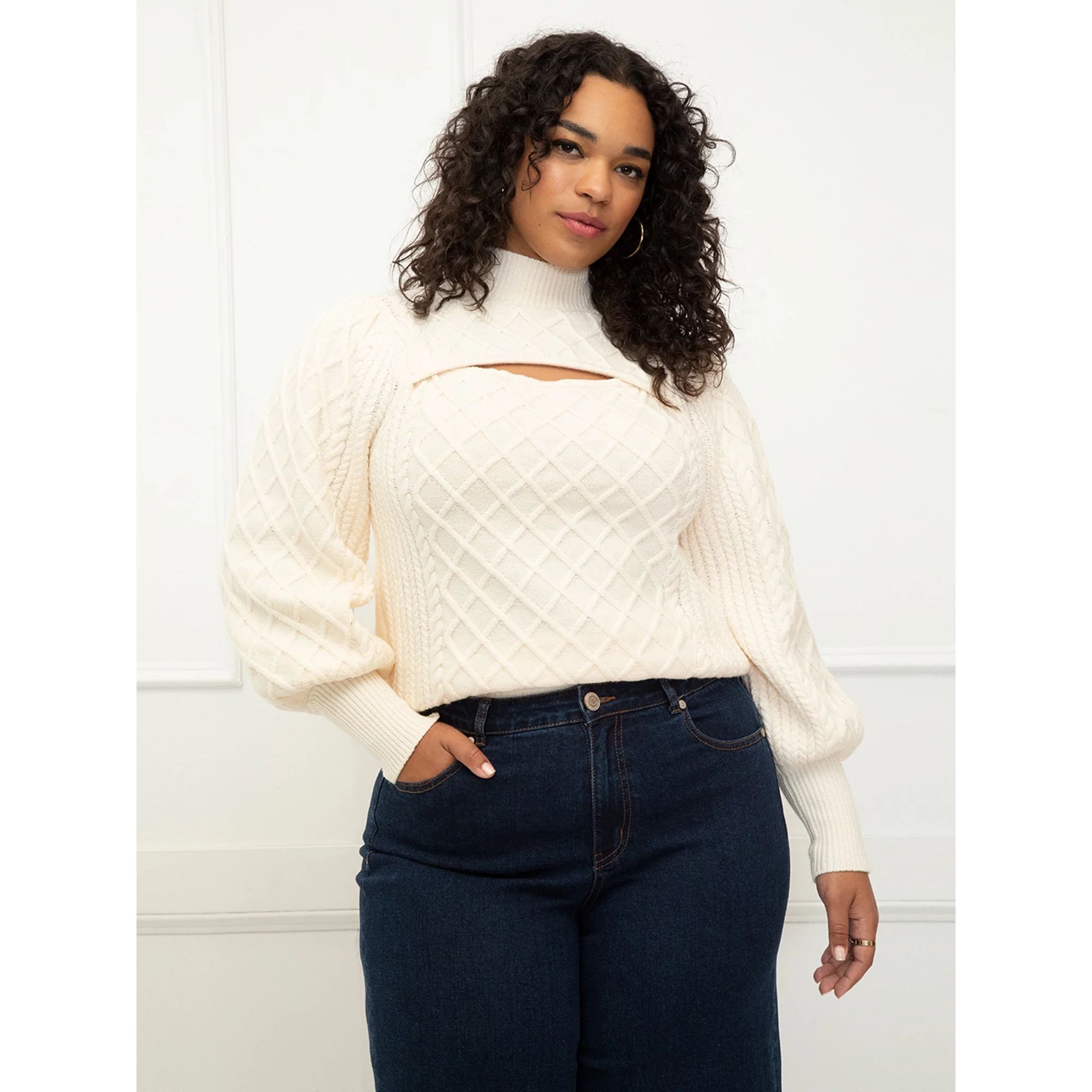 ELOQUII Elements Women's Plus Size Cable Sweater With Cutout | Walmart (US)