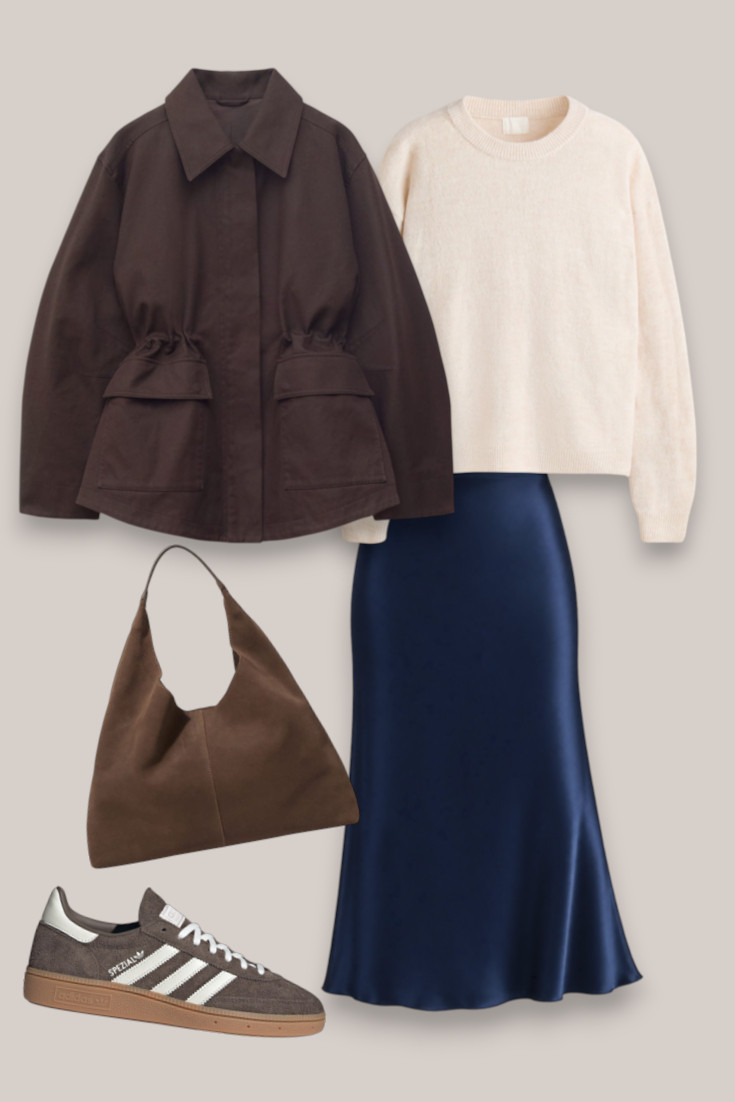 Proof satin skirts don't need to feel dressy. 🤎 A navy satin midi with a cream knit, chocolate jacket and brown sneakers makes such an easy everyday outfit. One of my favourite ways to make satin work for casual winter days. 

 #LTKautumn #LTKstyletip #LTKshoes