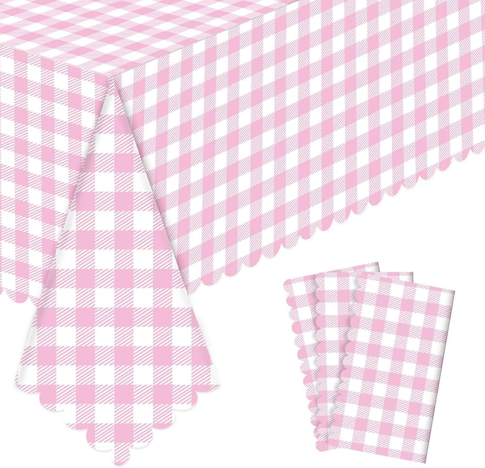 3 Pack Pink Gingham Tablecloths, 54 X 108Inch Disposable Party Table Covers Scalloped Pink Checke... | Amazon (US)