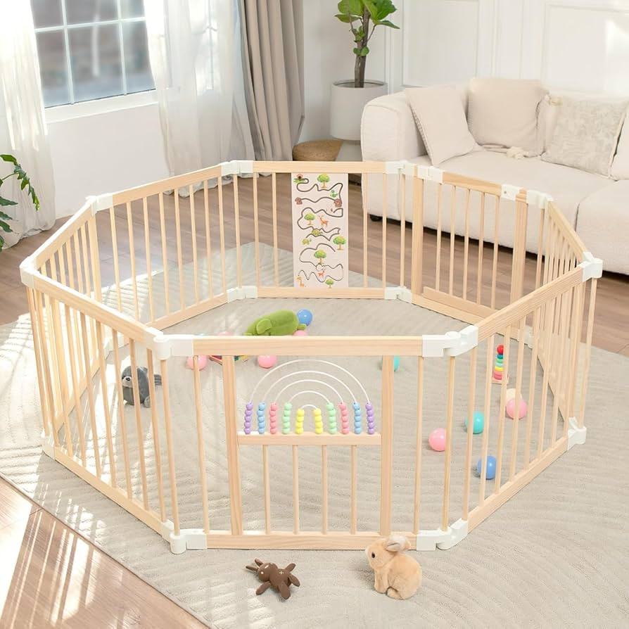 Foldable Wooden Baby Playpen Activity Center,Adjustable Size & Shape Portable Play Yard, Baby Fen... | Amazon (US)