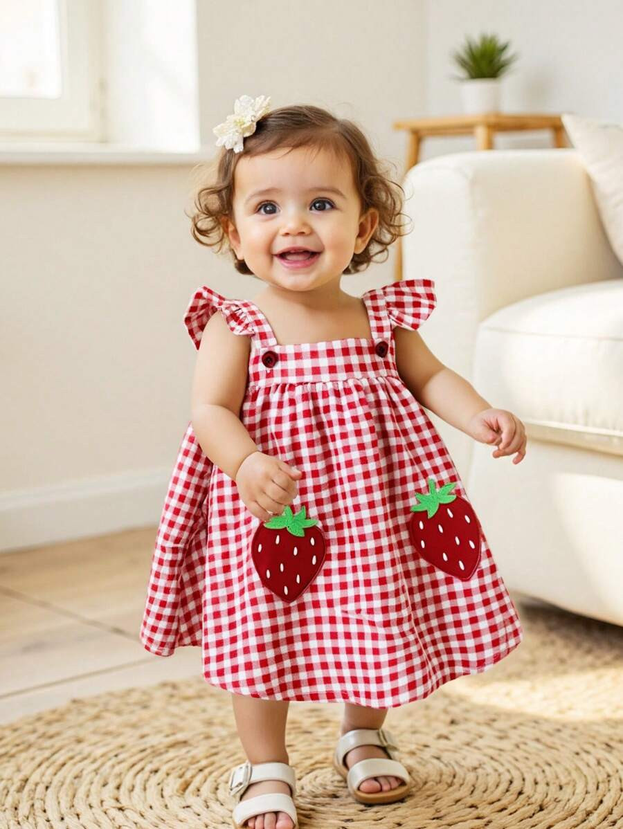 Cozy Pixies Baby Girl Strawberry Pattern Square Collar Ruffle Trim Sleeveless Elasticated Waist D... | SHEIN