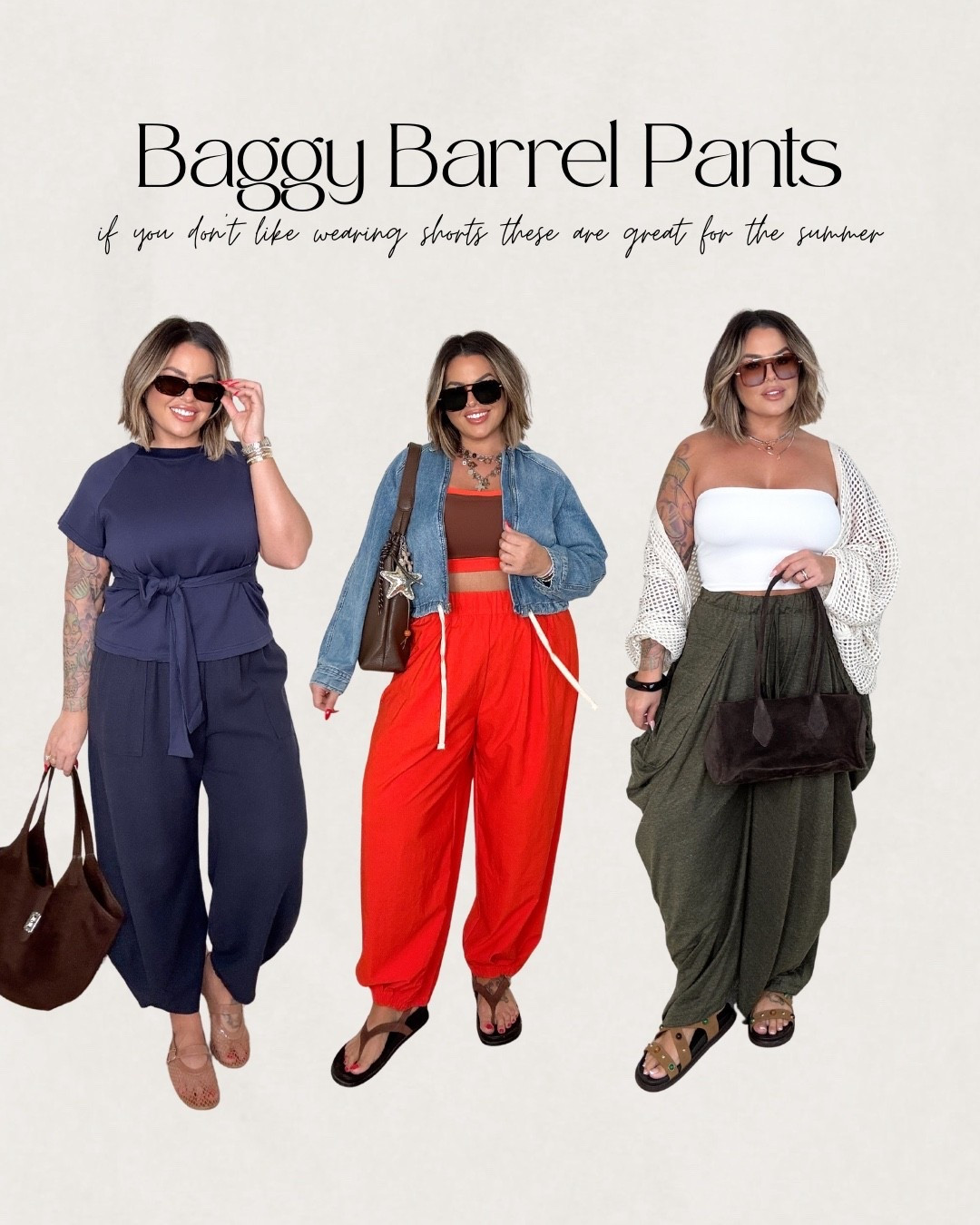 Blue top M
Blue pants sized up to xxl because waist band runs small and tight 
Denim jacket L 
Sports bra top xxl 
Orange pants L 
Green pants O/S 
Crochet cover up L but could do M it’s big 
White top linked similar 

Brown sandals with orange pants are old no link sorry. 