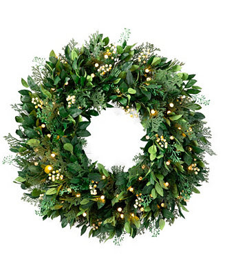 24" Outdoor Berry Cypress Pre-Lit Wreath | Macy's
