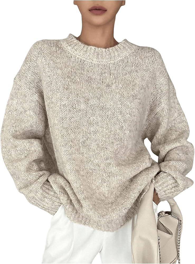 Women's Oversized Crewneck Sweaters Drop Shoulder Long Sleeve Knit Tops Fall Pullovers | Amazon (US)