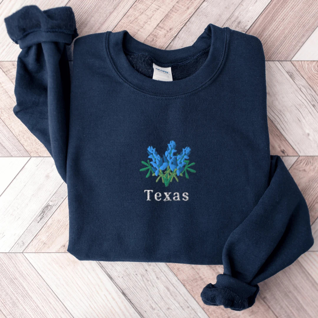 Texas Bluebonnets Sweatshirt, Embroidered Texas Shirt, Texas Crewneck Sweater, Embroidered Bluebo... | Etsy (US)