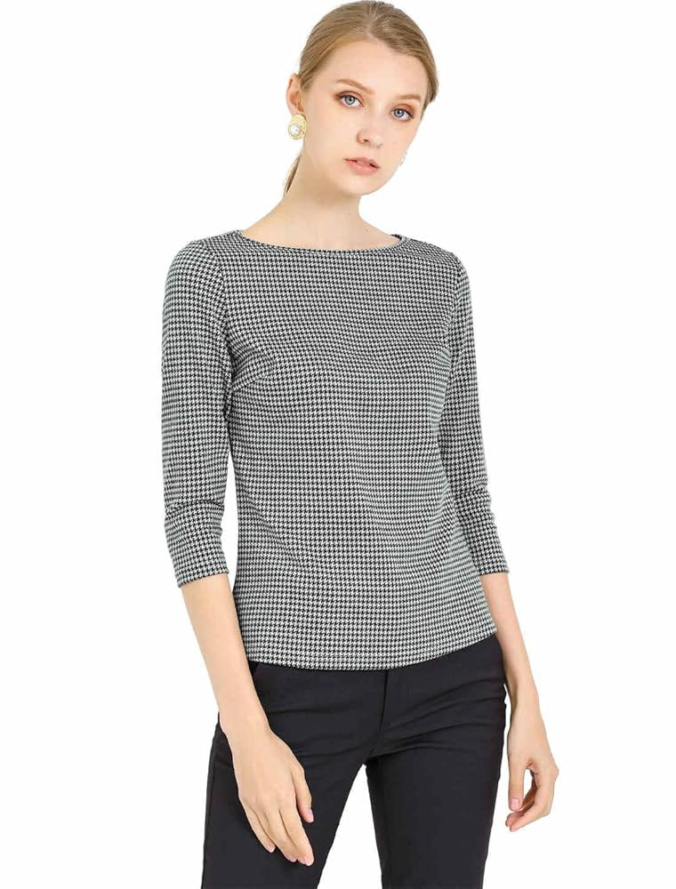 Allegra K Women's Check Top Boat Neck Work Tops 3/4 Sleeve Plaid Houndstooth Blouse Fall Outfits | Amazon (US)