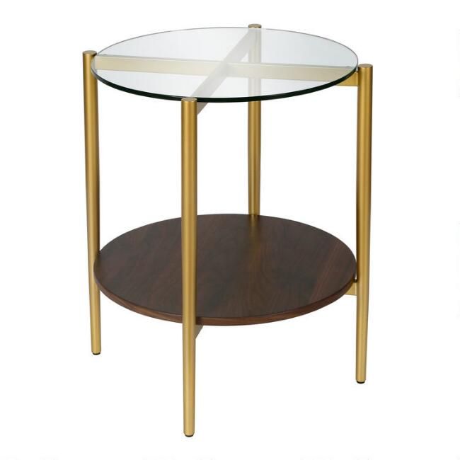 Round Gold Metal and Walnut Glass Top Mae Accent Table | World Market