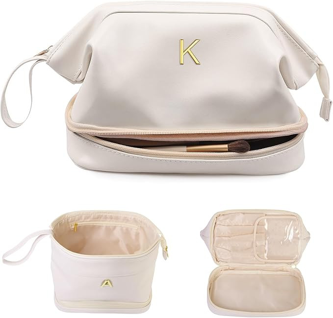 Women Birthday Gifts, Initial Large Makeup Bag, College Essentials for Girls Cosmetic Bag with Ma... | Amazon (US)