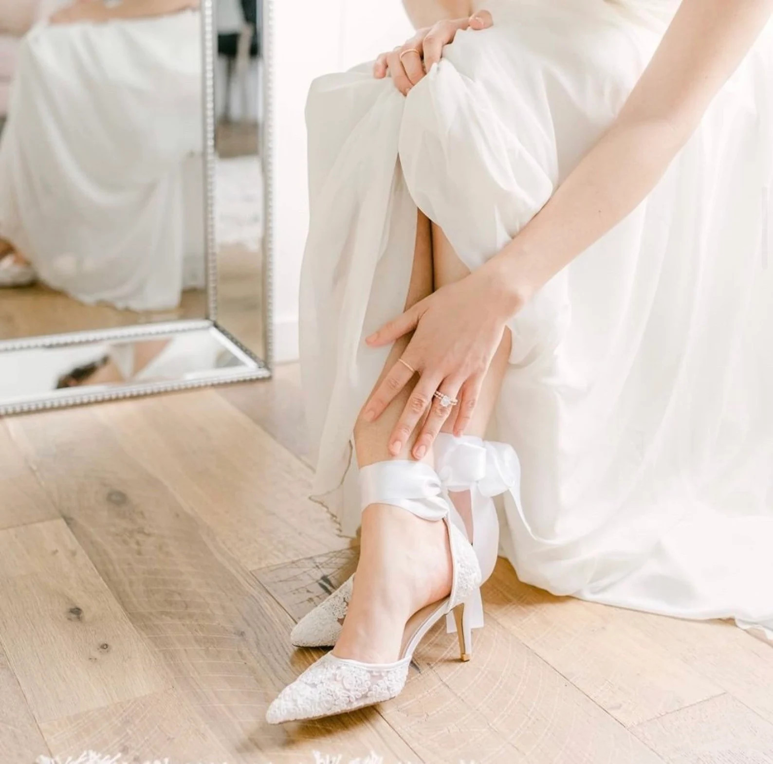 White Crochet Lace Pointy toe Heels with WRAPPED SATIN TIE, Women Wedding Shoes, Bridesmaid Shoes | Etsy (US)