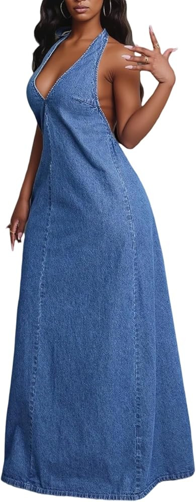 LETSVDO Women's Sexy Sleeveless Maxi Denim Dress Halter Deep V Neck Backless Flowy Going Out Long... | Amazon (US)