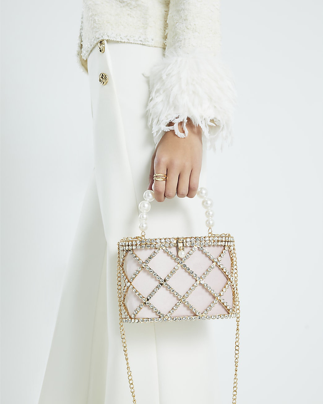 Gold Diamante Pearl Handle Basket Bag | River Island UK & IE
