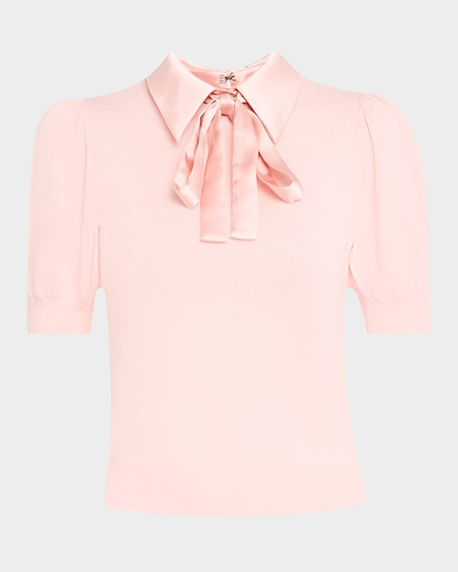 Alice + Olivia Chase Puff-Sleeve Sweater with Detachable Woven Collar | Neiman Marcus