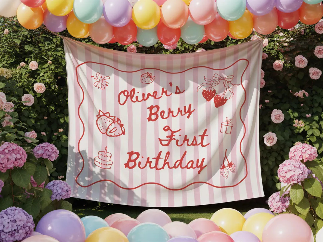 Custom Berry First Birthday Party Banner Decor Personalized Strawberry 1st Birthday Photo Backdro... | Etsy (US)