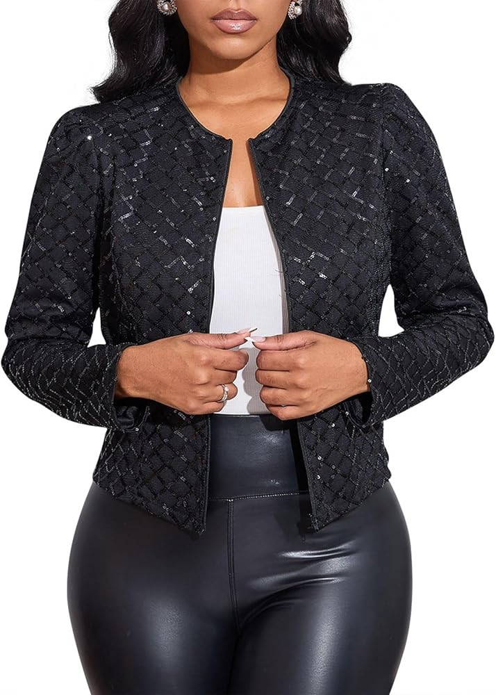 Cololura Women Casual Open Front Sequin Jackets Cardigan Glitter Long Sleeve Short Coats Crop Bla... | Amazon (US)