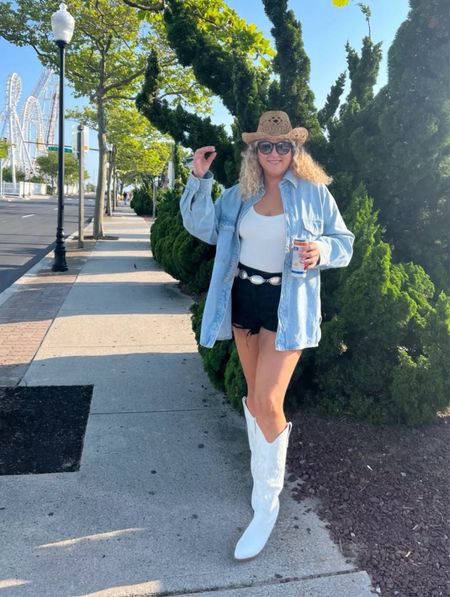 Country concert outfit, Nashville outfit, spring outfit, summer outfit, midsize outfit, black denim shorts, denim shacket, cowgirl hat, coastal cowgirl outfit, vacation outfitt

#LTKStyleTip #LTKSeasonal #LTKMidsize