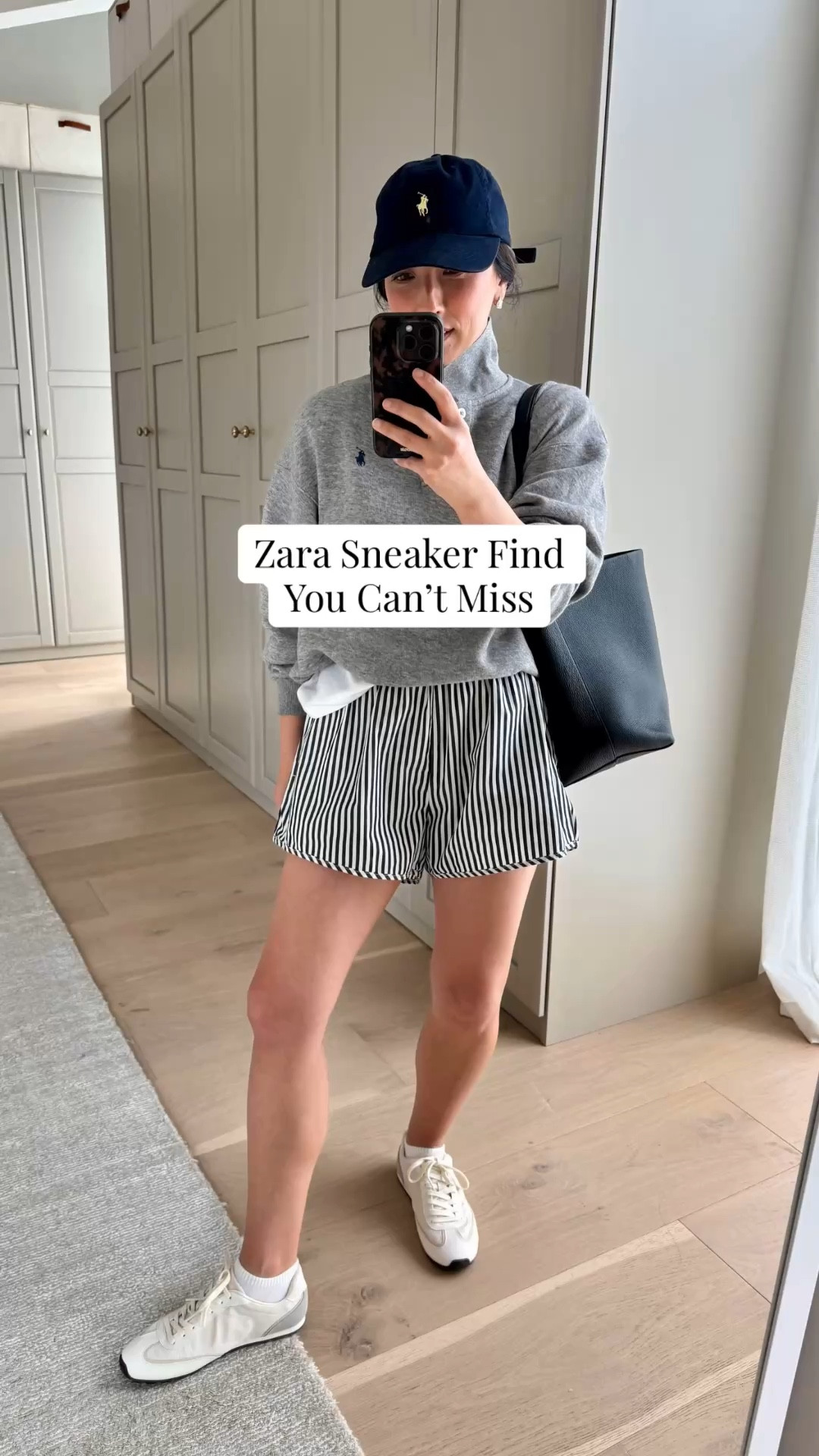 Minimal white sneakers for spring. These under $80 option from Zara are amazing. Comfortable, run slightly roomy. Go with everything! Simple mom-on-the-go outfit ideas. Spring outfits 2026. 

Everlane box cut tee medium
Polo Ralph Lauren sweatshirt smal
Recreational Habits Shorts medium
Amazon socks
Zara sneakers 6
The Row bag small
Polo Ralph Lauren hat
Dorsey earrings medium
Dorsey James necklace 15”

#LTKPetite #LTKmomlife #LTKootd