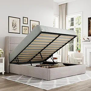 Allewie Full Size Lift Up Storage Bed, Modern Wingback Headboard, No Box Spring Needed, Hydraulic... | Amazon (US)