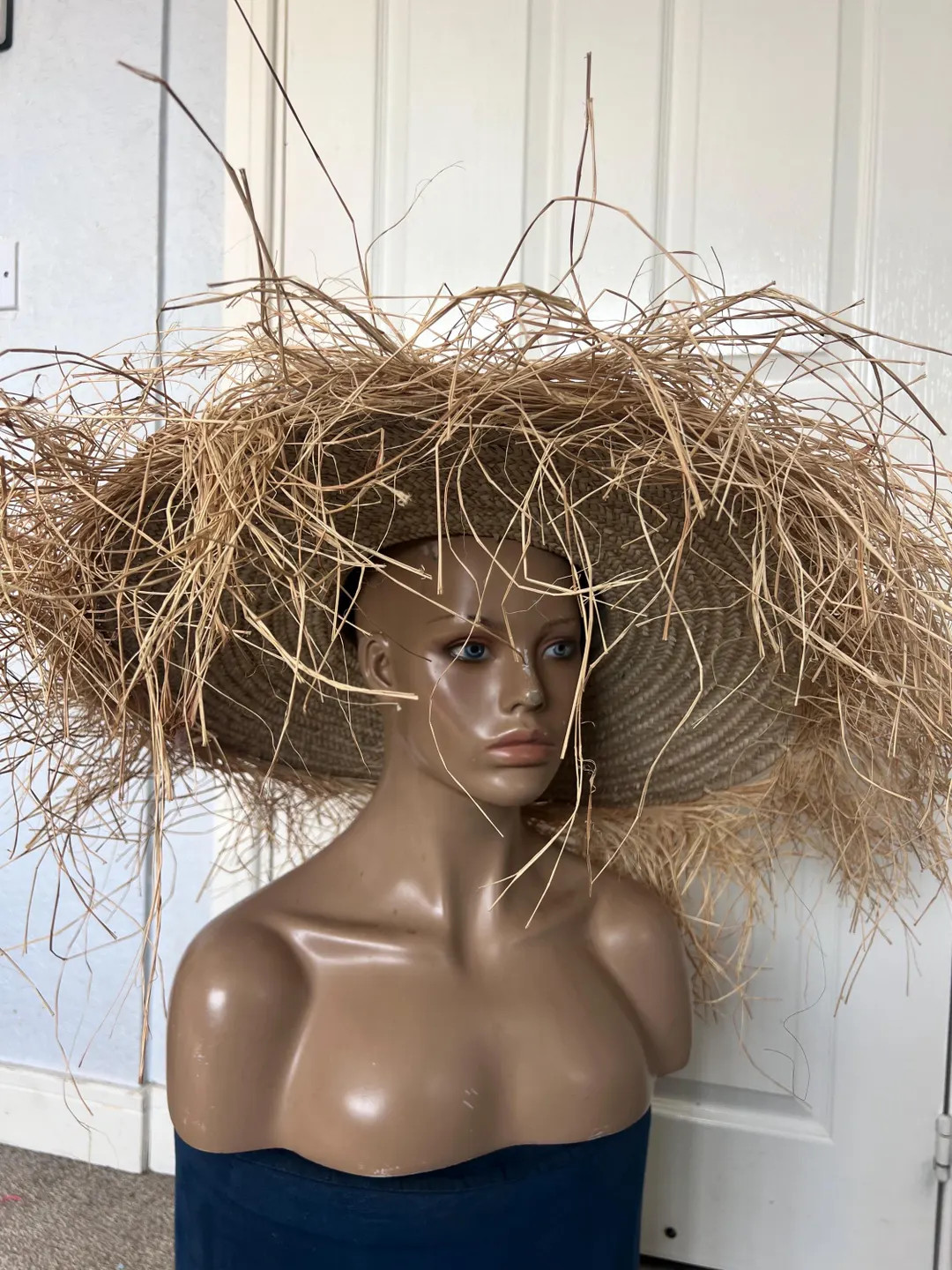 Rare One Size Raffia Straw Hat Frayed, Hand Woven Beach Sun Hat, Wide Brim Fringe - Etsy | Etsy (US)