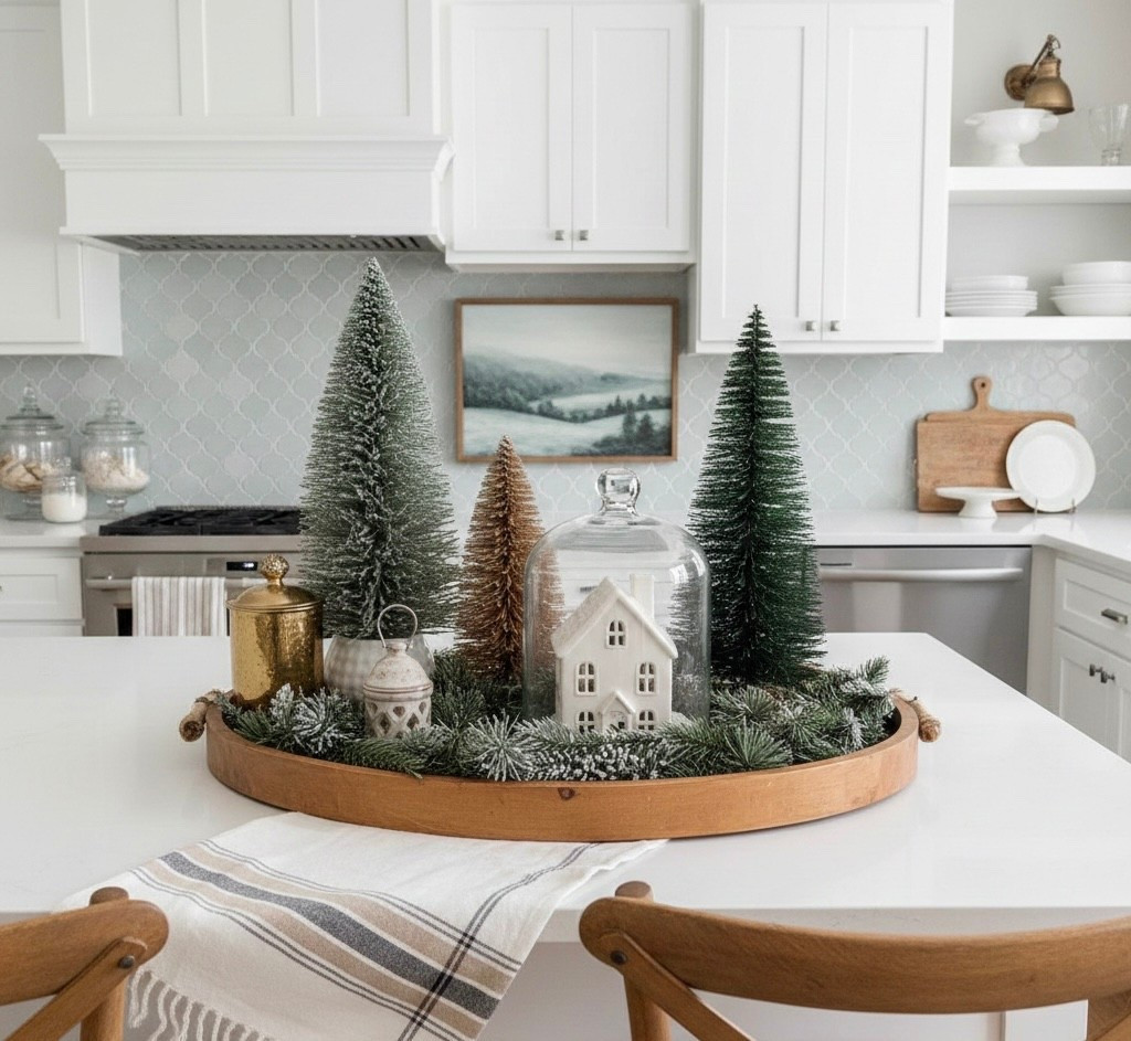 The most magical centerpiece for your kitchen island is here! ✨ I love creating a festive display that feels both chic and cozy. This DIY tray moment features bottle brush trees, a ceramic light-up house under a cloche, and snowy faux garland, all gathered on a beautiful rustic wooden tray. It’s the perfect way to bring the winter wonderland aesthetic indoors, and it looks stunning against our light and bright kitchen backsplash.

#LTKHoliday #LTKHome #LTKSeasonal