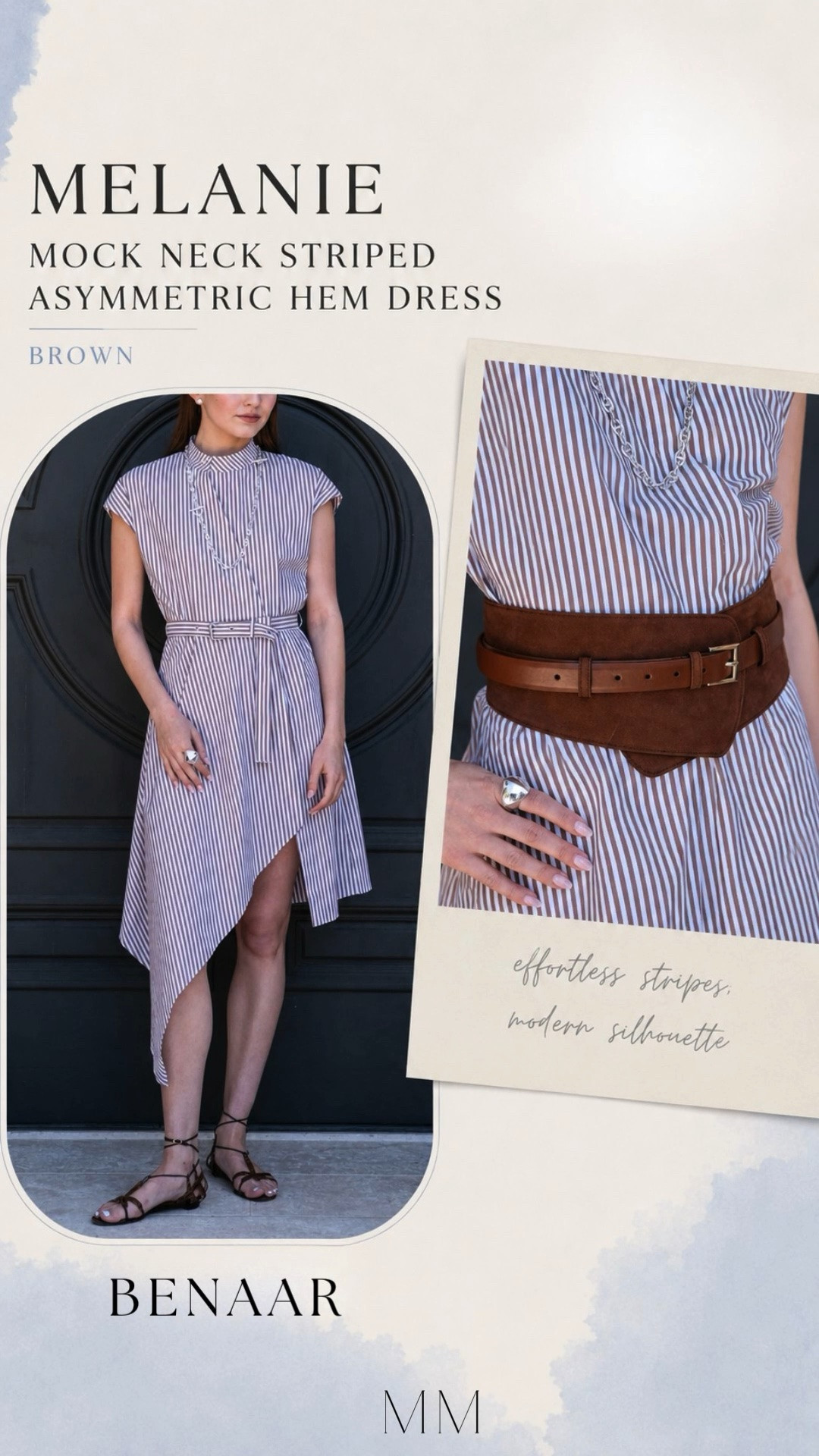 Elevated everyday dressing 🤎 This striped asymmetric hem dress is the definition of chic and effortless. The mock neck, belted waist, and flattering silhouette make it perfect for brunch, vacation, workwear, or an elevated casual look. Styled with strappy sandals and silver accessories for a polished neutral outfit.

[striped dress, mock neck dress, belted dress, asymmetric hem dress, brown striped dress, chic outfit, neutral outfit, vacation outfit, elevated casual outfit, classy outfits, midi dress, effortless style, summer outfits, fall transition outfit, women’s fashion, capsule wardrobe, brunch outfit, workwear outfit, neutral fashion, LTK style]

#LTKOver40