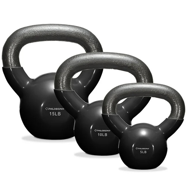 Philosophy Gym (Set of 3) Vinyl Coated Cast Iron Kettlebell Weights, 5 lb, 10 lb, 15 lb - Black | Walmart (US)