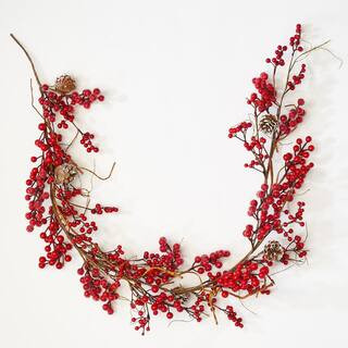 60 in. Artificial Christmas Weatherproof Red Berries And Faux Twigs Garland | The Home Depot