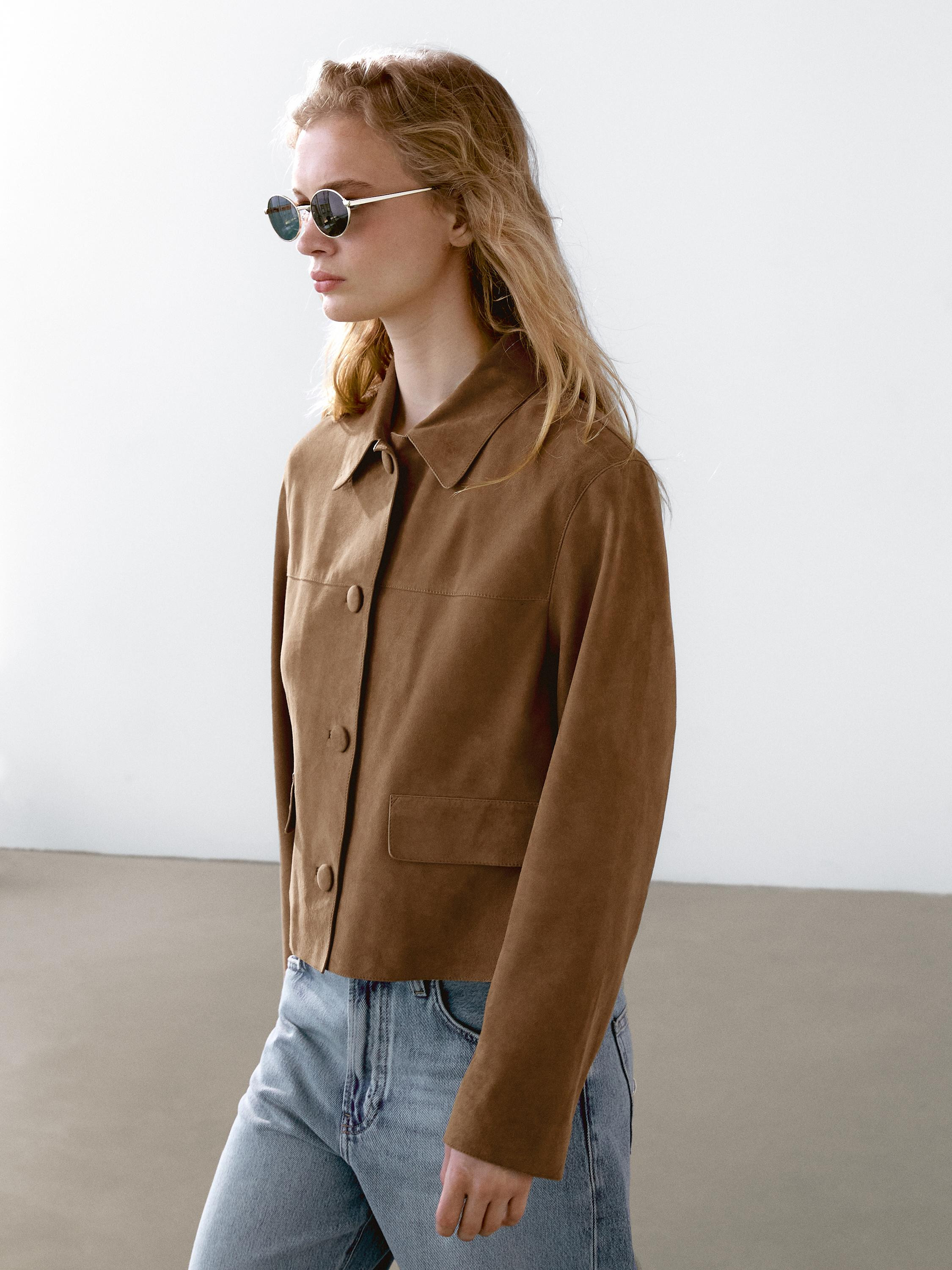 Suede leather jacket with lined buttons | Massimo Dutti UK