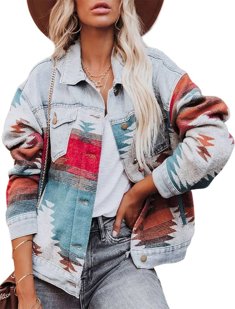 Athlisan Women's Aztec Print Shacket Lapel Botton Down Shirt Jacket | Amazon (US)