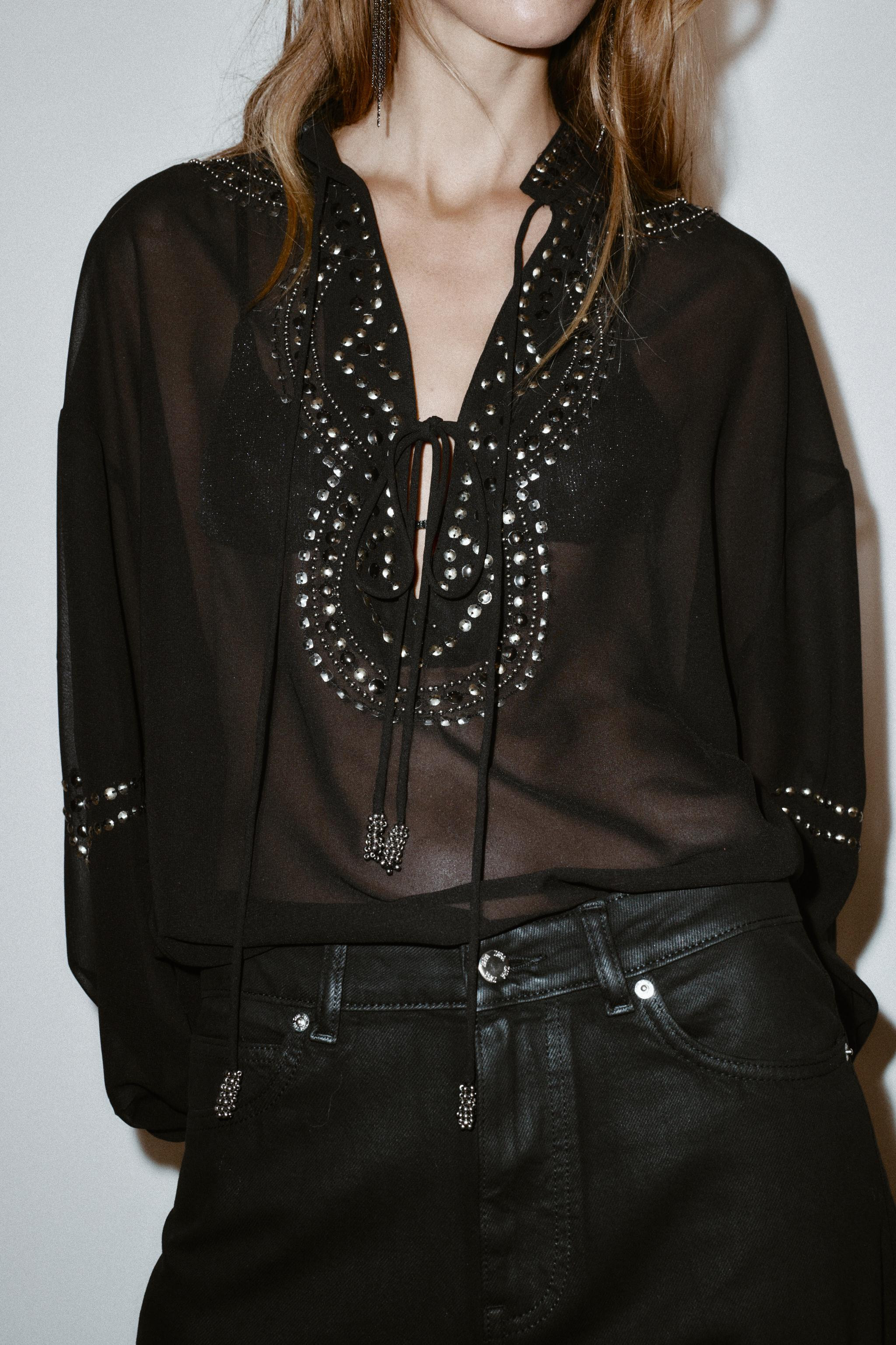 SEMI-SHEER BEADED BLOUSE | Zara US