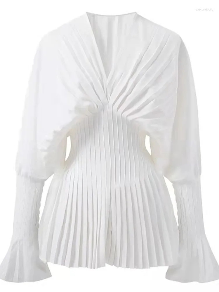 Women's Blouses Elegant Women Loose White V-Neck Pleated Shirts Female Lantern Full Sleeve Tops C... | DHGate