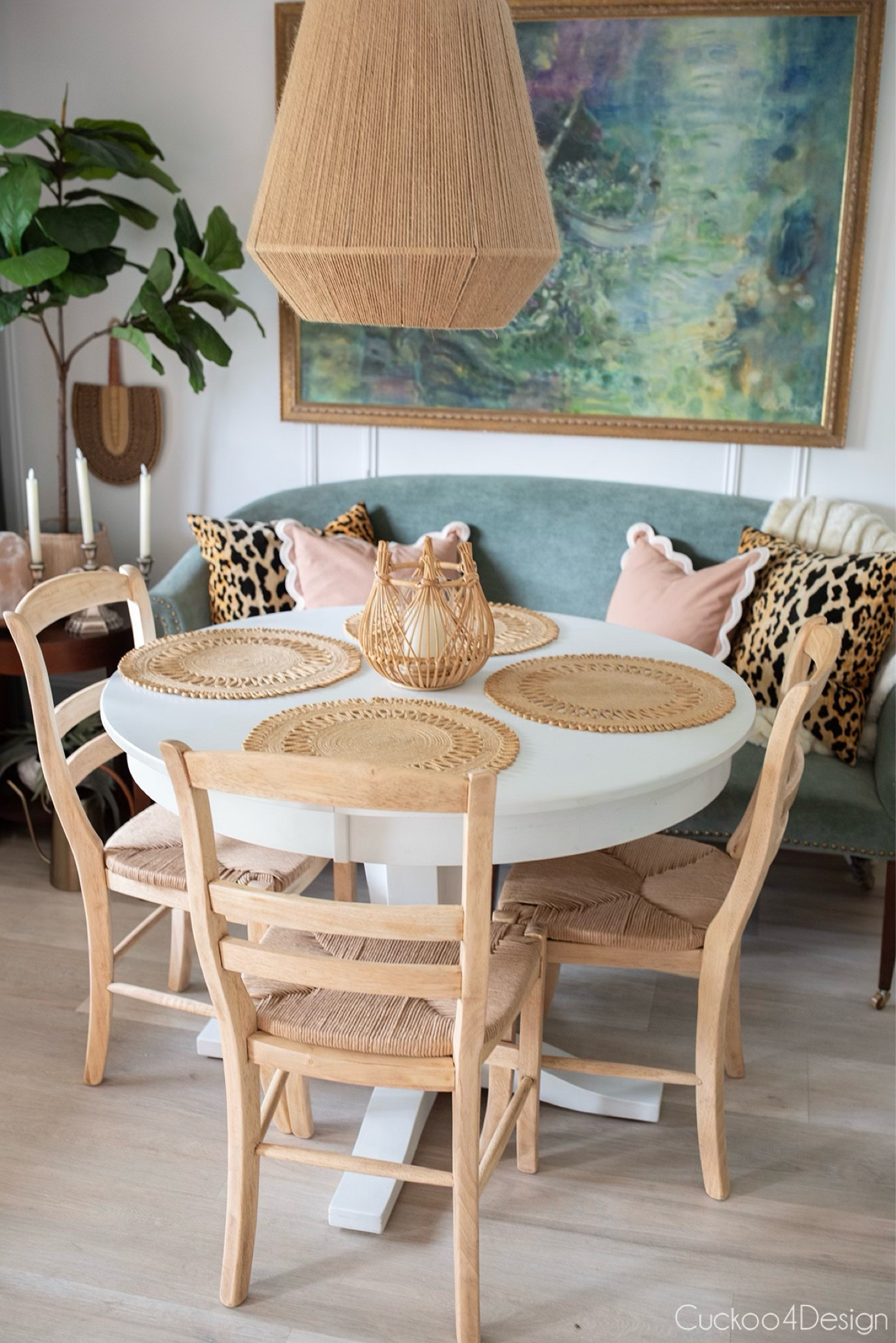 And the other side of my dining room with the newly made over wooden chairs, white pedestal table, vintage chaise, antique oil painting, scalloped pillows, and leopard pillows

#LTKSaleAlert #LTKStyleTip #LTKHome