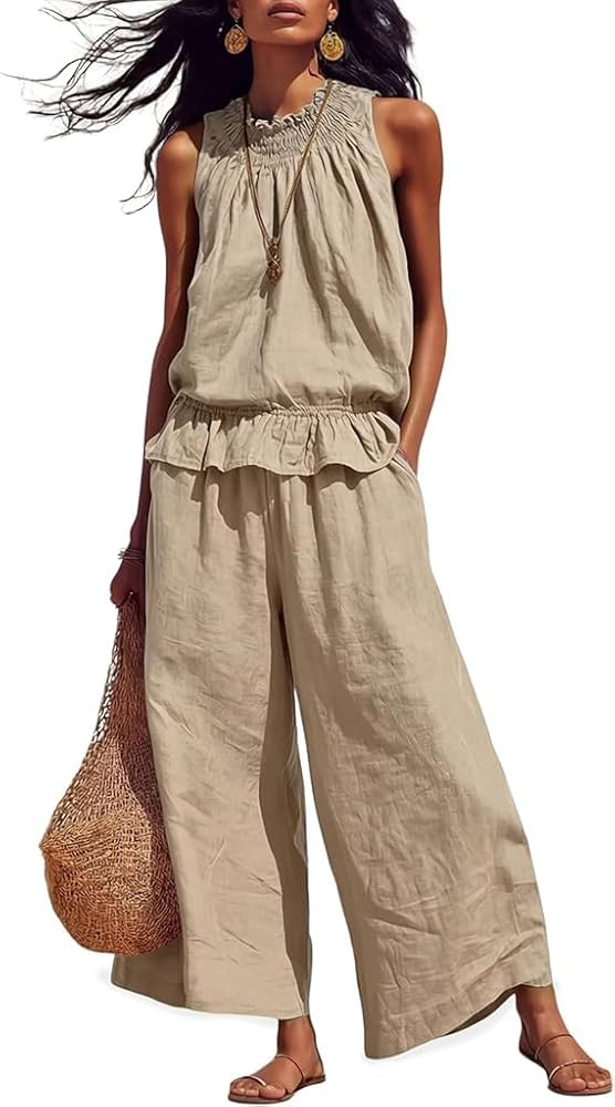 2026 Women's Linen 2 Piece Sleeveless Tank Top with a Ruffled Elastic Neckline and Flowy Wide Leg... | Amazon (US)