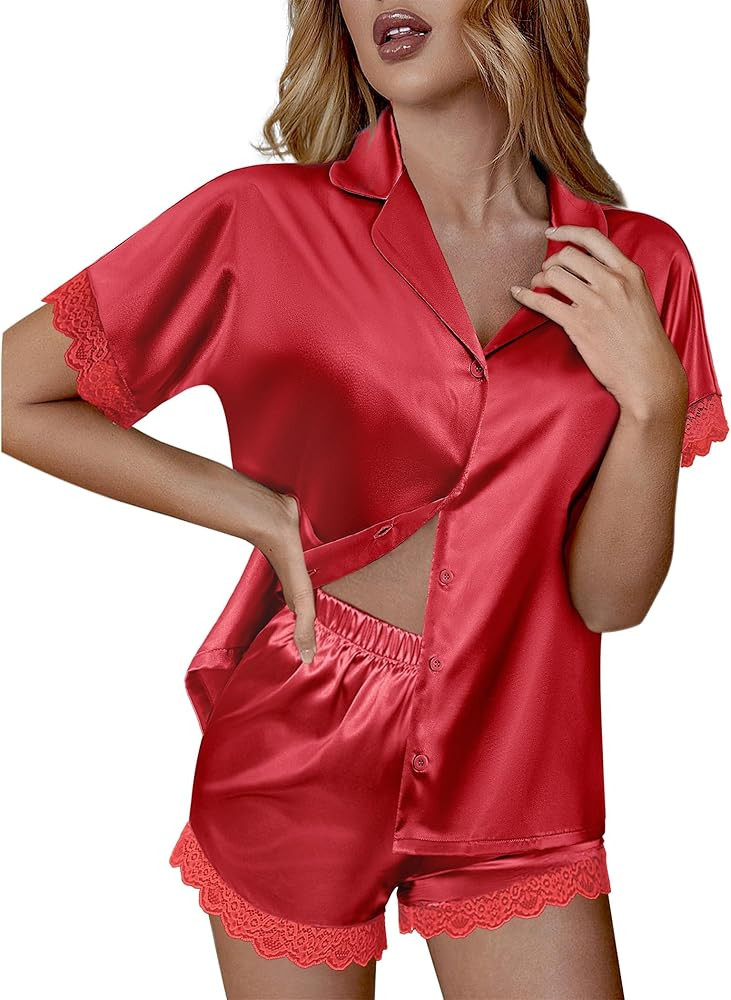 Ekouaer Womens Lace Satin Pajama Set Button Down Pj Shorts Set Bridesmaids Getting Ready Outfits ... | Amazon (US)
