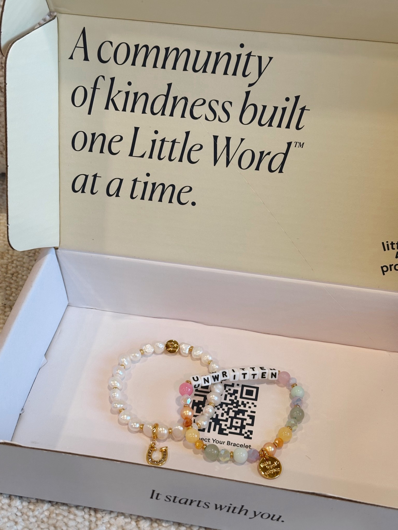 My latest LWP custom bracelet order 💖 

“Unwritten” because this song is my millennial anthem 🥹 it fills me with so much nostalgia for my teen years & feeling like anything was possible, but this song & word also reminds me that I’m still young and have so much life ahead of me! The rest is still unwritten 💖 

I also ordered this pearl bracelet with a horseshoe charm for my grandpa, who hasn’t been in the best of health lately 🤍 we used to play horseshoes together when I was a kid and this charm symbolizes the love & memories we share 🥰 
