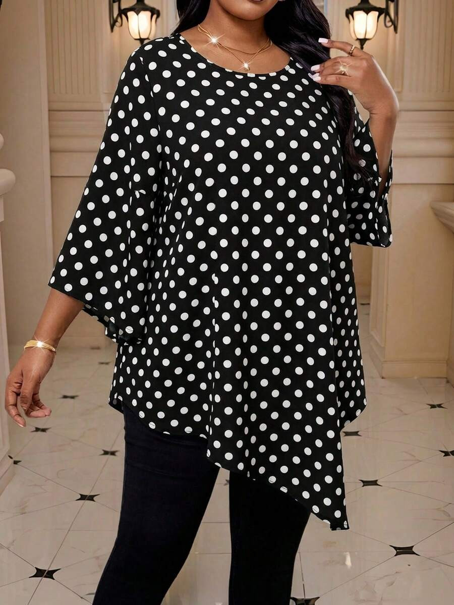 SHEIN Lady Plus Size Women's Vacation Style Black & White Polka Dot Pattern Round Neck 3/4 Sleeve... | SHEIN