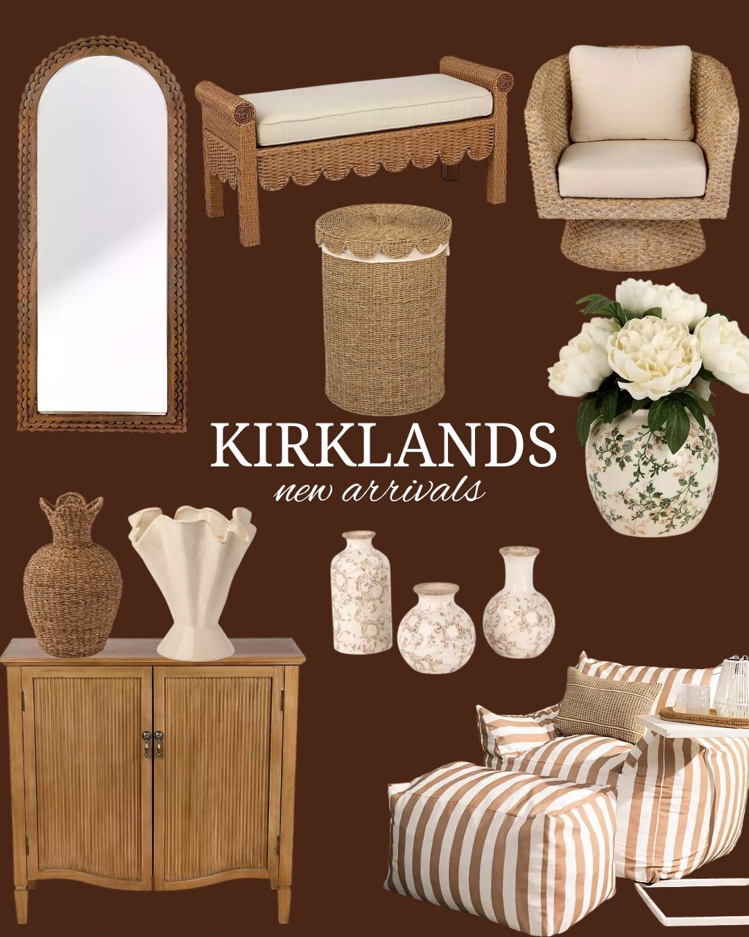 Kirklands new spring arrivals | outdoor furniture | mirror | vases | modern organic decor | floral arrangement | scallop rattan bench | outdoor bench | stripe outdoor chair | fluted wood table | brown home decor | neutral home decor | interior design  | spring home refresh | Mother’s Day gifts | wall mirror | wood accents | scalloped wood mirror | bathroom vanity mirror 

#LTKMothersDay #LTKHome