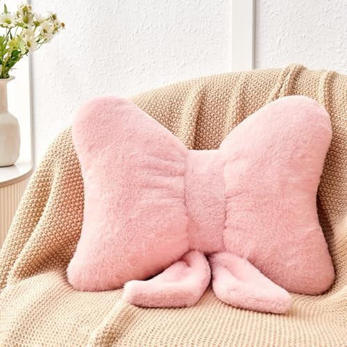 Mepherl Pink Bow Pillow,12'' Bow Shaped Pillow with Faux Rabbit Fur,Soft Bow Throw Pillows Aesthetic Bow Decorative Pillows for Bed Sofa Couch Home Decor | Amazon (US)