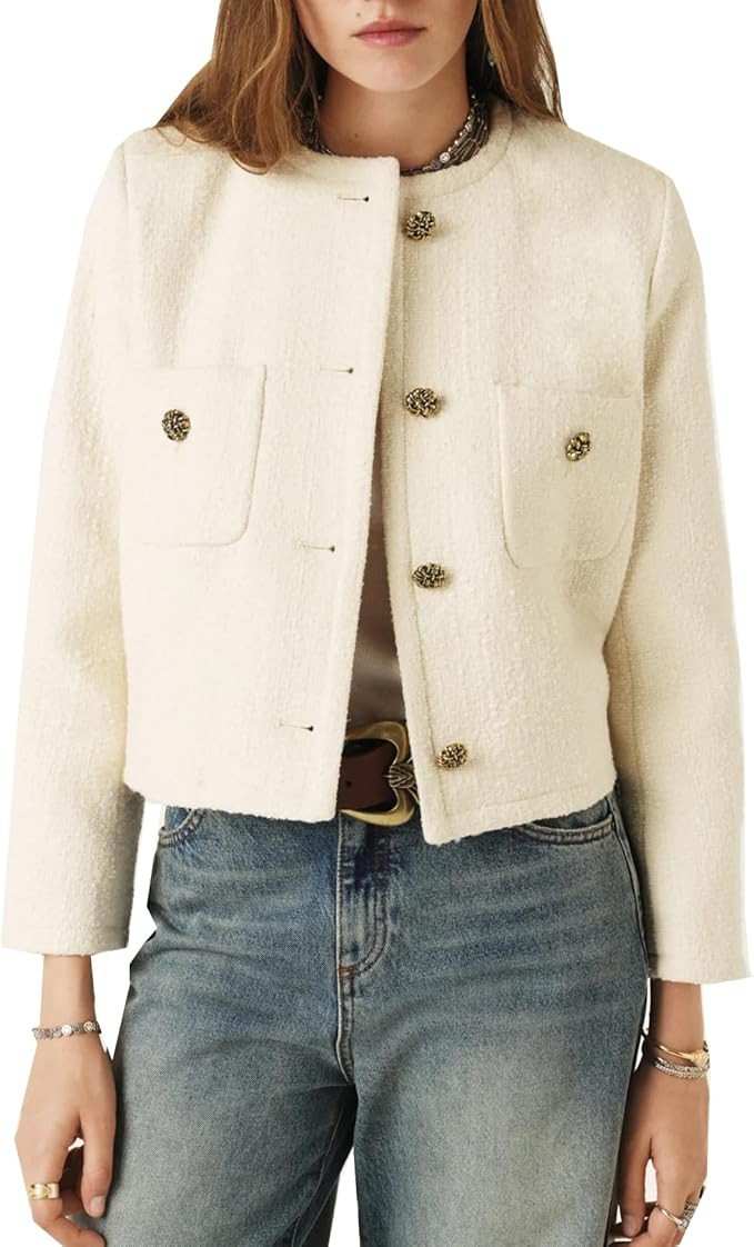 Women's Tweed Cropped Blazer Jacket Long Sleeve Elegant Collarless Button Down Jacket Casual Work... | Amazon (US)