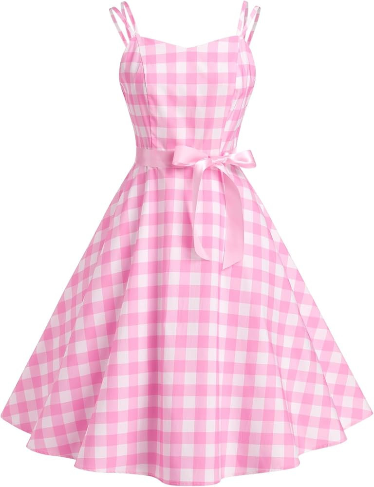 Women's Vintage Plaid Dress Spaghetti Strap Gingham A-line Swing Cocktail Party Dresses | Amazon (US)
