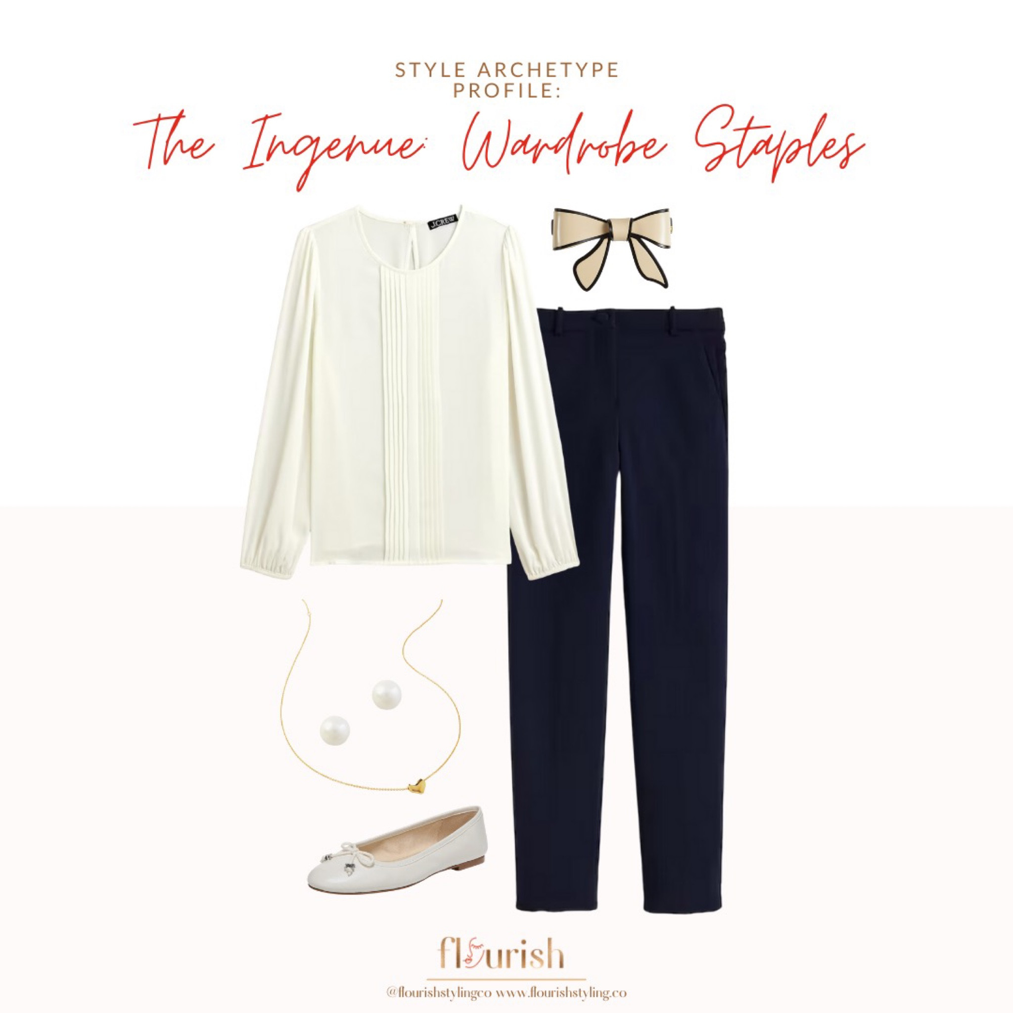 Tapered leg trousers with a slim fit are another staple for the Ingenue! This Archetype would pair them with literally any top in their wardrobe, from a fuzzy sweater to a daintily pleated top. Paired with some bow-themed accessories and pearl earrings and you’ve got yourself the perfect day-to-night outfit for weekdays. 
#ingenue #balletflats #pearls

#LTKstyletip #LTKworkwear #LTKbeauty