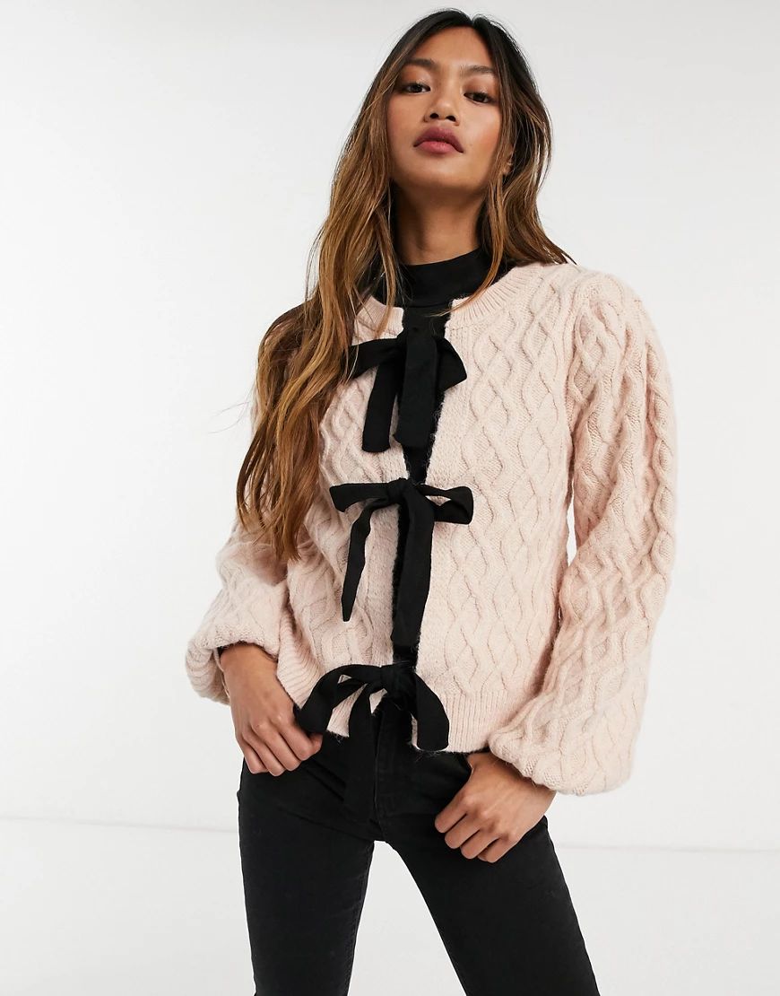 ASOS DESIGN cable cardigan with tie front detail in pink-Beige | ASOS (Global)